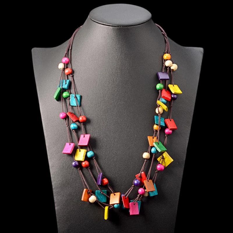 Geometric Colourful Wooden Statement Necklace dylinoshop