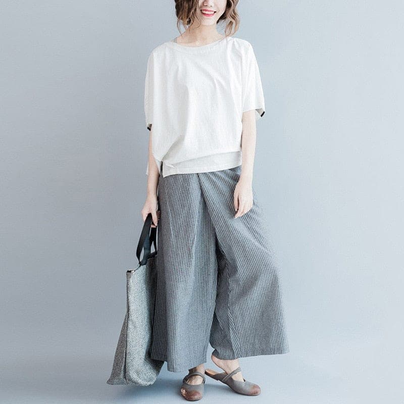 White and Grey Striped Wide Leg Pants Buddha Trends