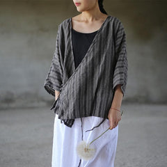 Striped V Neck Wrap Cotton Linen Shirt  | Zen Buddha Trends