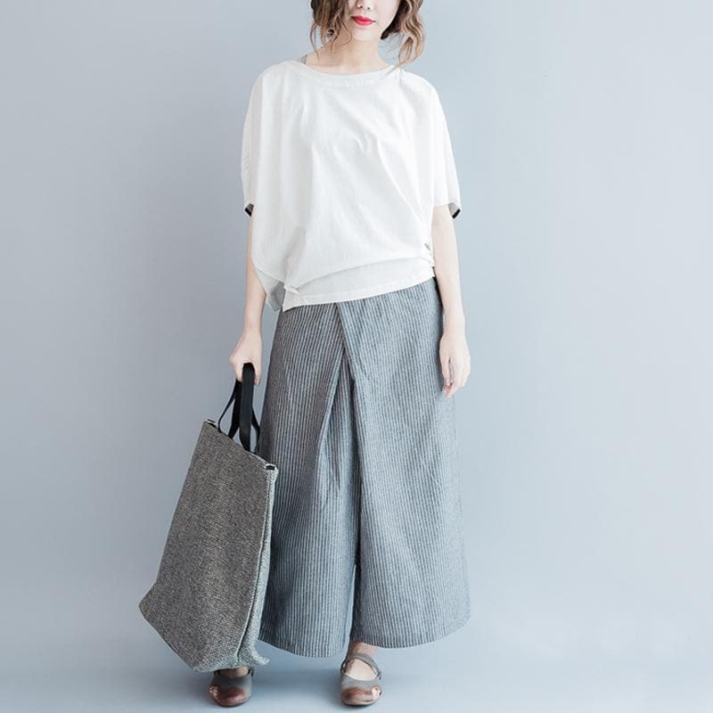 White and Grey Striped Wide Leg Pants Buddha Trends