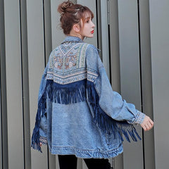 Floral Embroidered Fringed Denim Jacket dylinoshop