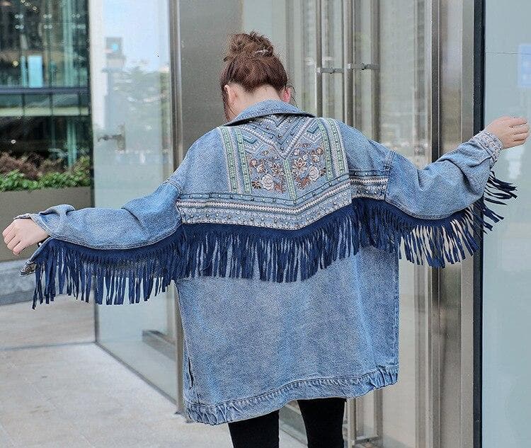 Floral Embroidered Fringed Denim Jacket dylinoshop