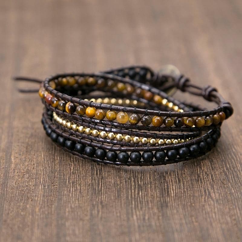 Leather Tiger Eye Black Beaded Bracelet dylinoshop