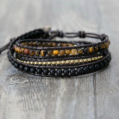 Leather Tiger Eye Black Beaded Bracelet dylinoshop