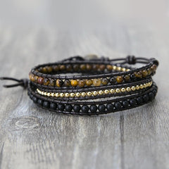 Leather Tiger Eye Black Beaded Bracelet dylinoshop