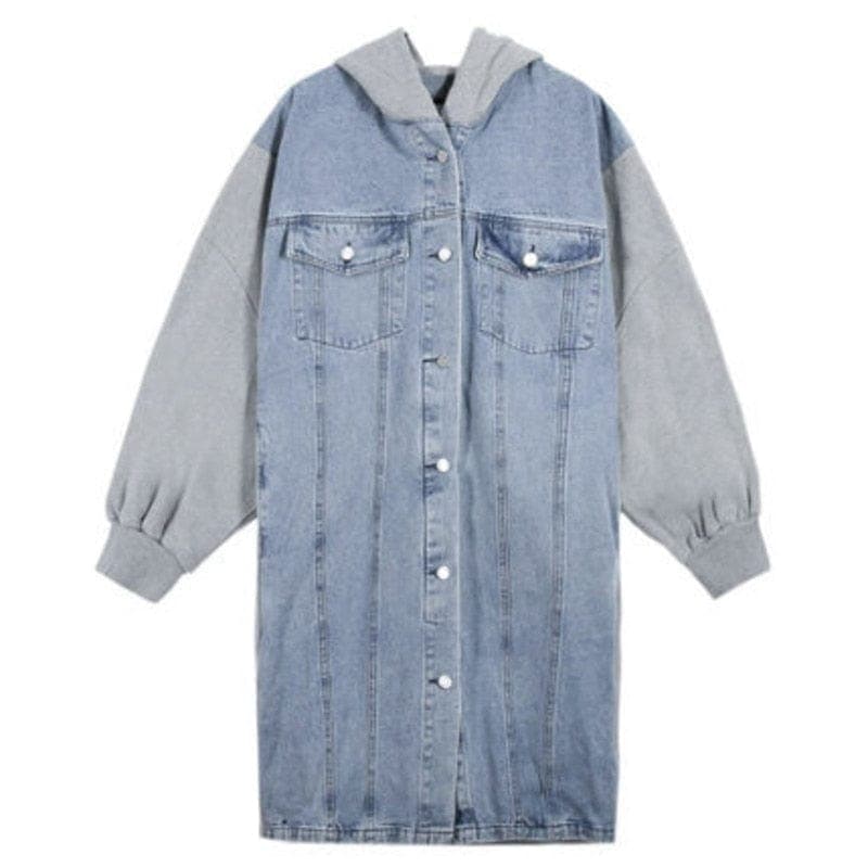 Long Hooded Denim Jacket With Sweater Sleeves dylinoshop