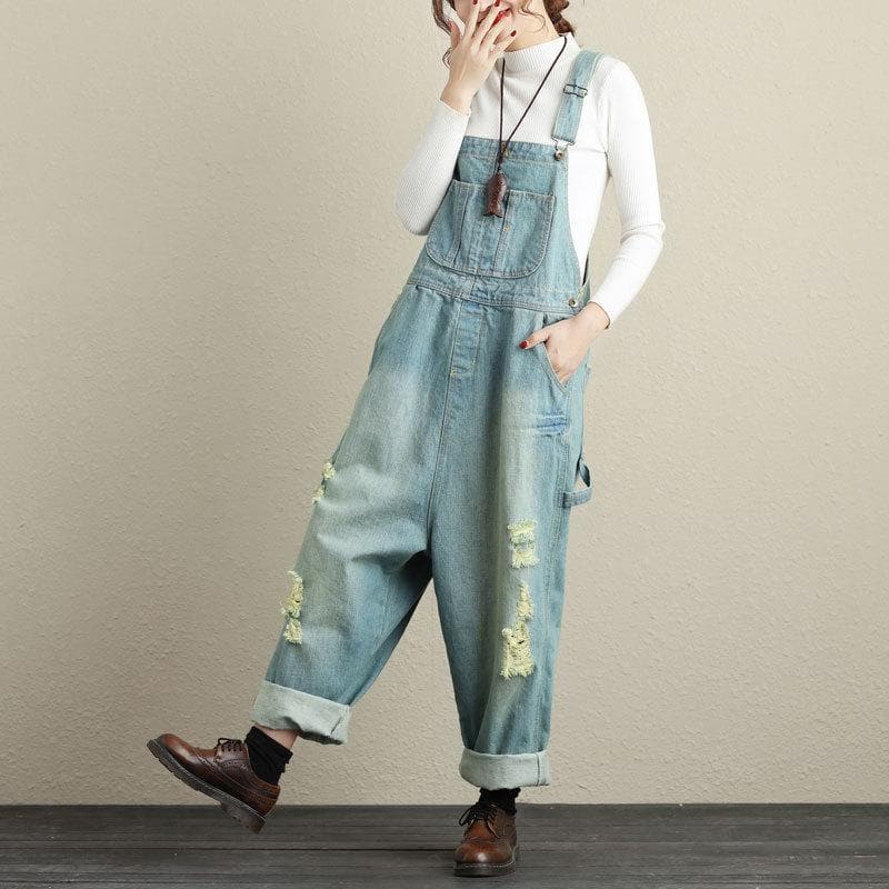 Loose Ripped Denim Overall Buddha Trends