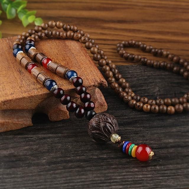 Lotus Flower Wooden Mala Beads Necklace Buddha Trends