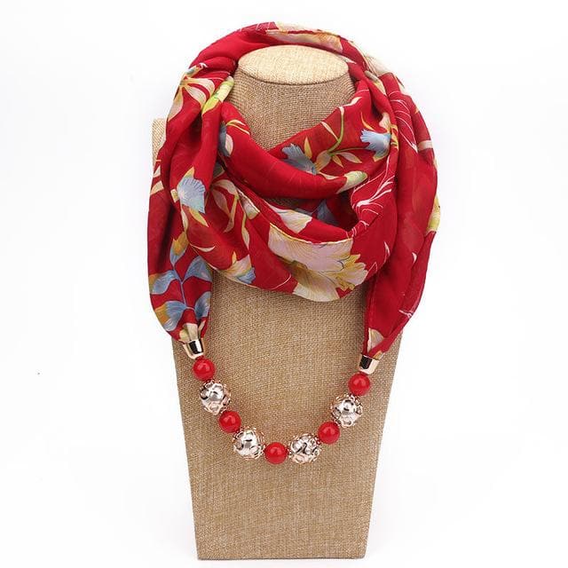 Margarita Floral Chiffon Red Beaded Scarf Necklace Buddha Trends