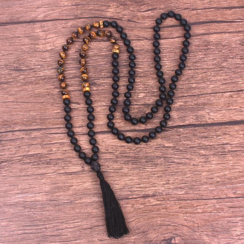 Natural Matte Black Onyx and Tiger eye Mala Beads Buddha Trends