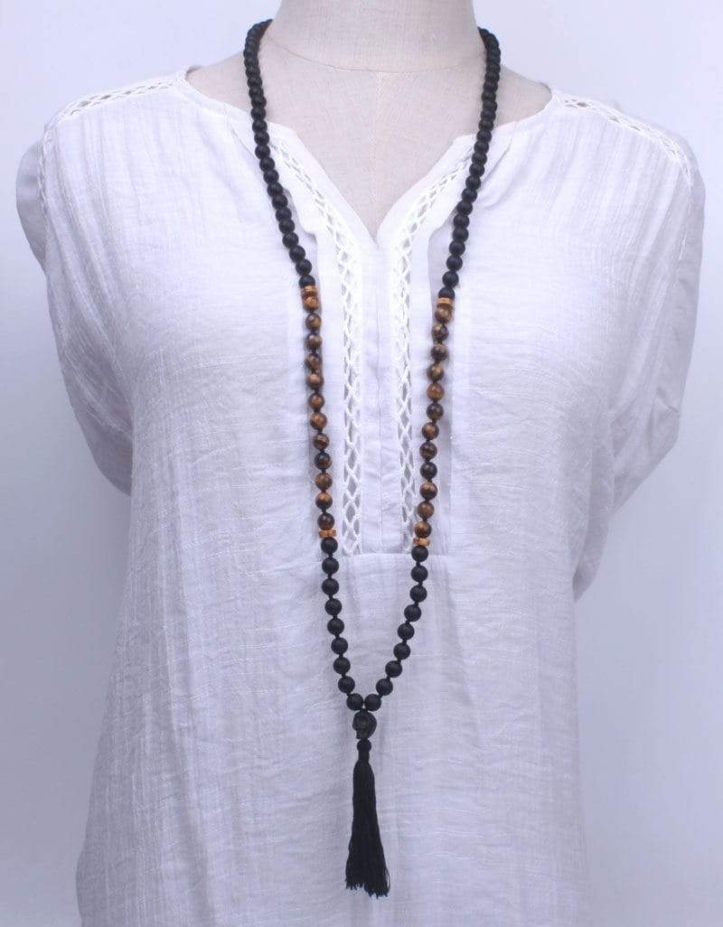 Natural Matte Black Onyx and Tiger eye Mala Beads Buddha Trends