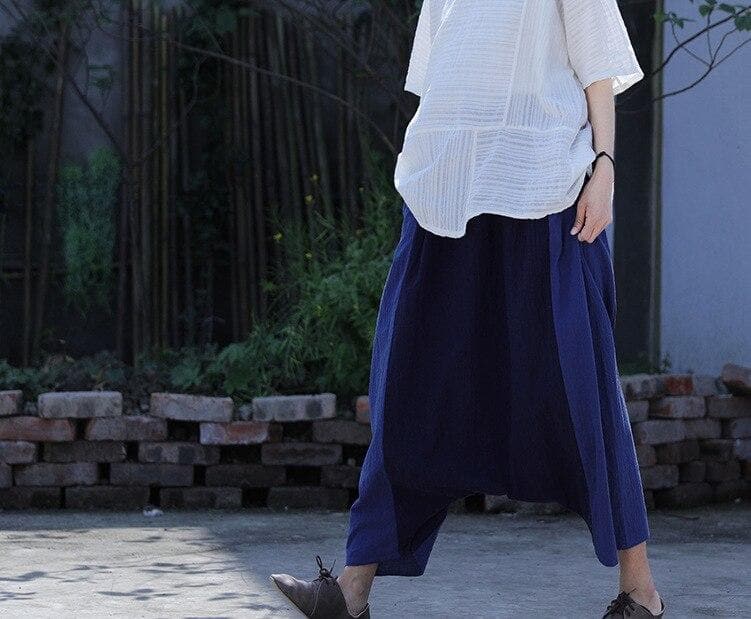 Navy Blue Cotton Linen Harem Pants | Lotus Buddha Trends