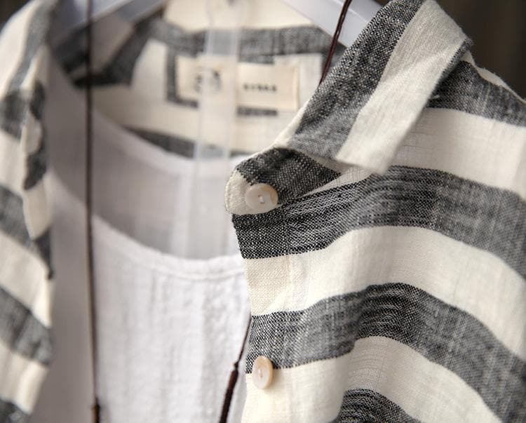 Grey and White Striped Linen Shirt  | Zen dylinoshop