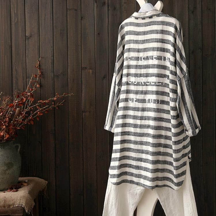 Grey and White Striped Linen Shirt  | Zen dylinoshop