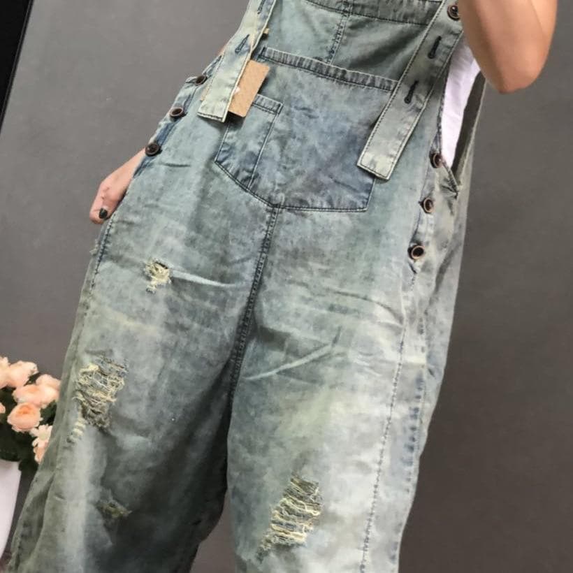 3/4 Length Boyfriend Ripped Denim Overall dylinoshop