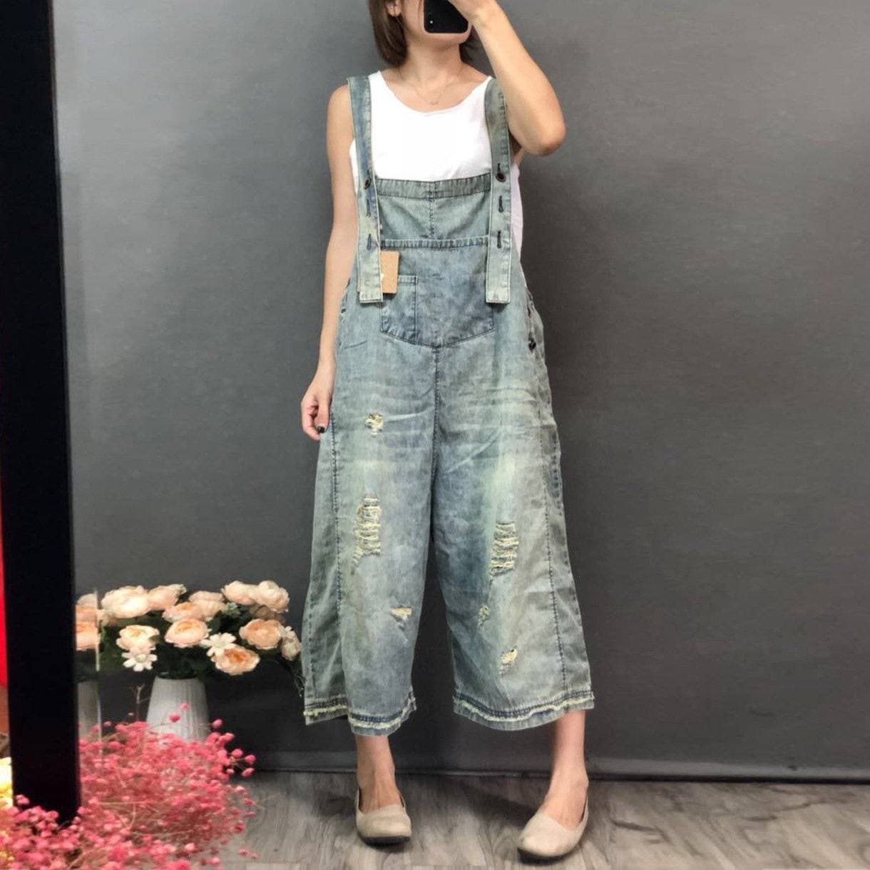 3/4 Length Boyfriend Ripped Denim Overall dylinoshop