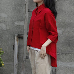 Vibrant Red Irregular Button-Up Shirt  | Zen Buddha Trends