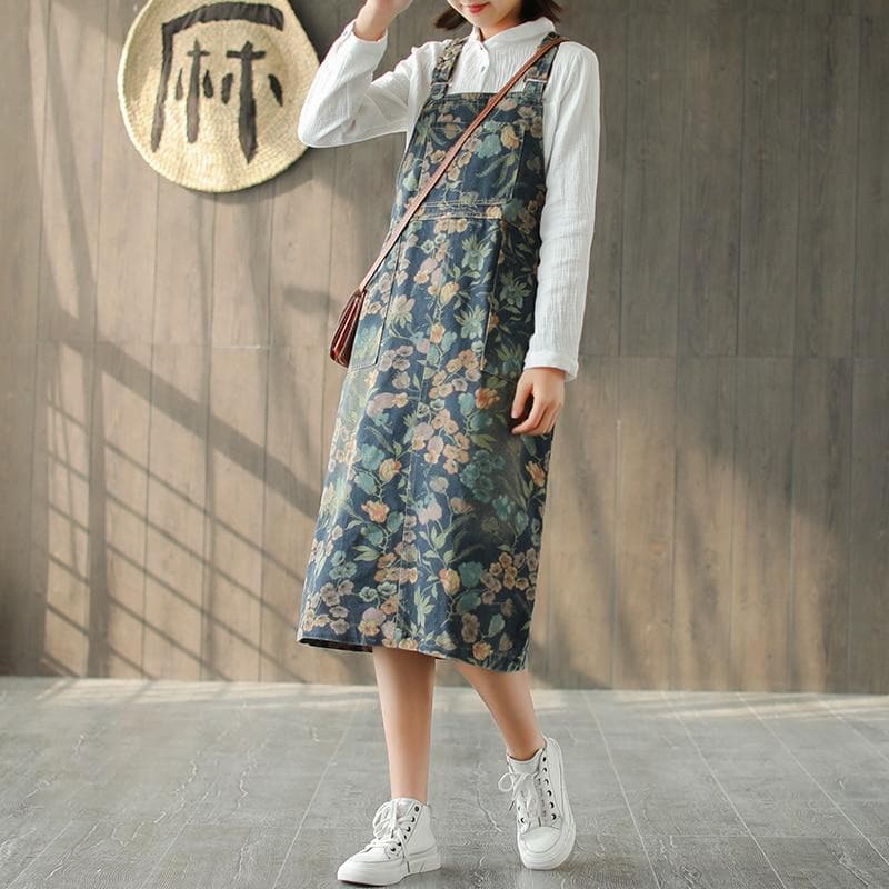 Artsy Floral Denim Overall Dress dylinoshop