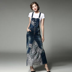 Embroidered Lace Denim Overall Dress dylinoshop