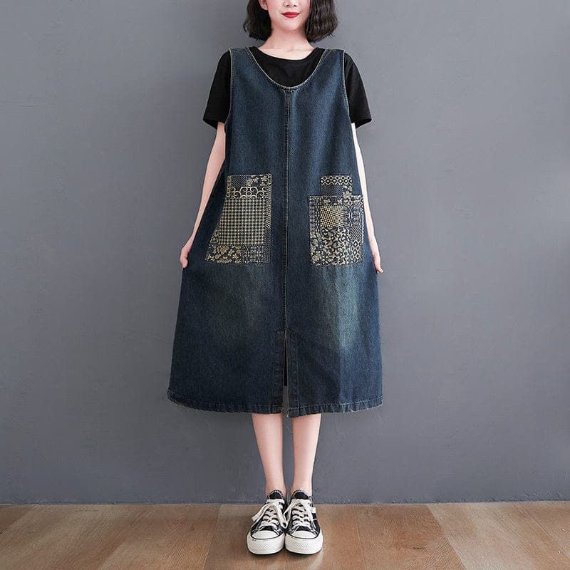 Denim Patchwork Midi Overall Dress dylinoshop