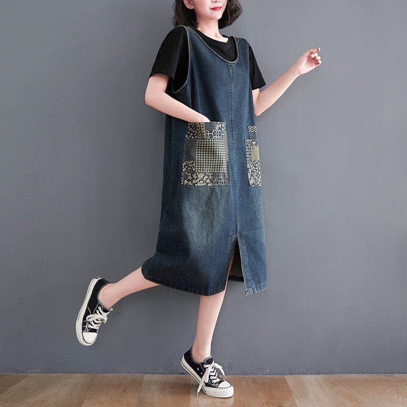 Denim Patchwork Midi Overall Dress dylinoshop