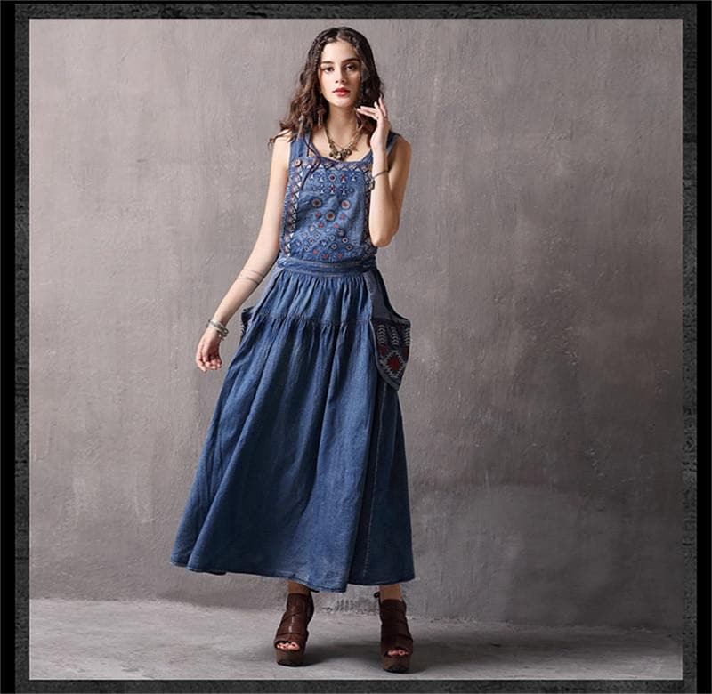 Elegant Embroidered Denim Overall Dress dylinoshop