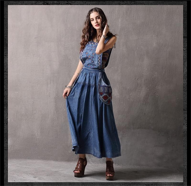 Elegant Embroidered Denim Overall Dress dylinoshop