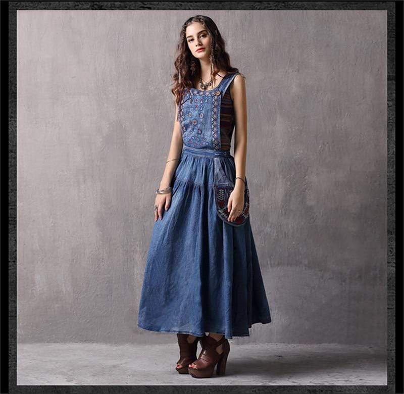 Elegant Embroidered Denim Overall Dress dylinoshop