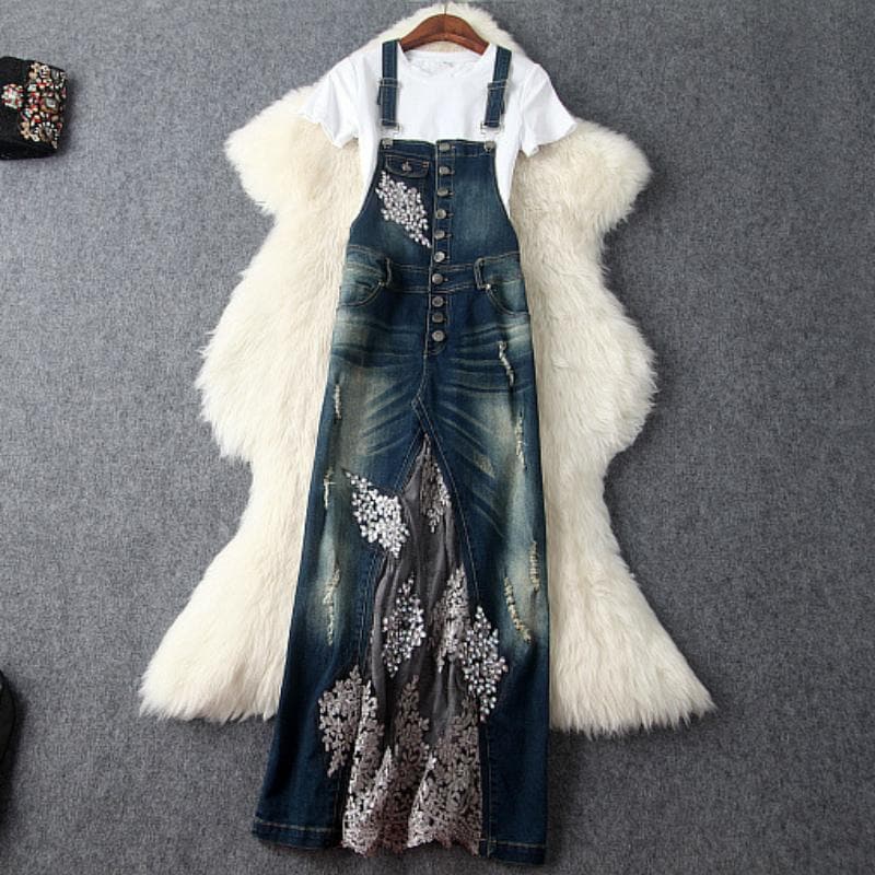 Embroidered Lace Denim Overall Dress dylinoshop