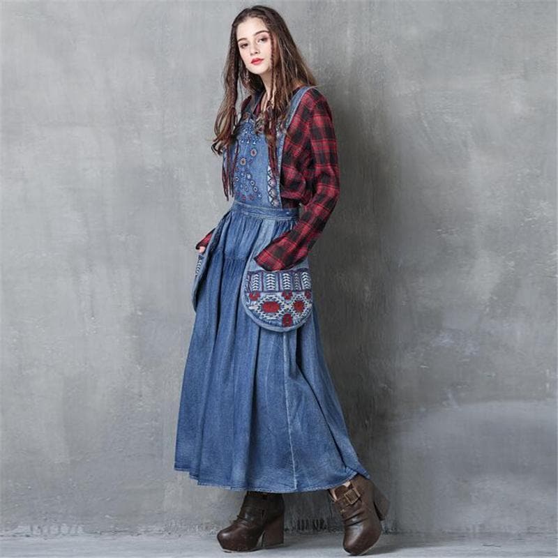 Long Denim Overall Dress with Large Pockets dylinoshop