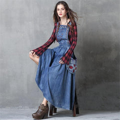 Long Denim Overall Dress with Large Pockets dylinoshop