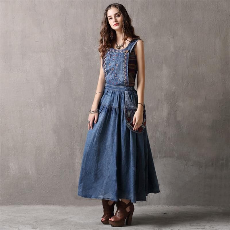 Elegant Embroidered Denim Overall Dress dylinoshop