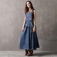 Elegant Embroidered Denim Overall Dress dylinoshop