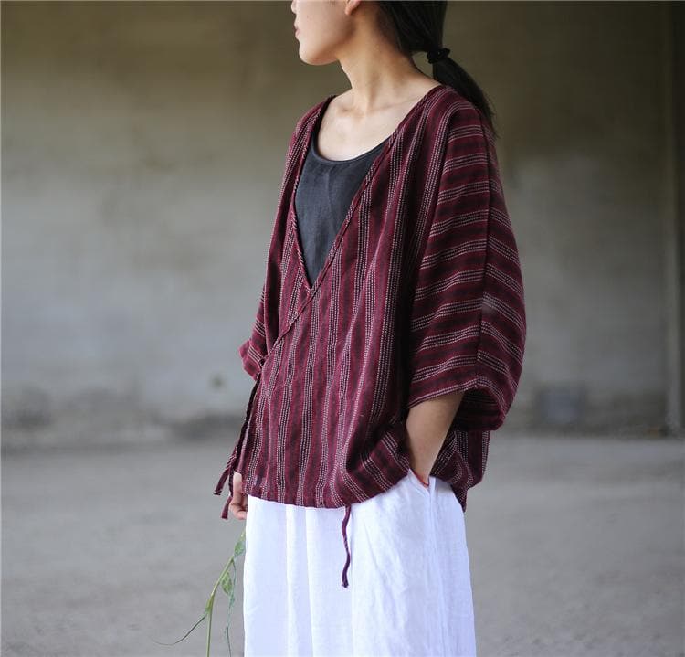 Striped V Neck Wrap Cotton Linen Shirt  | Zen Buddha Trends