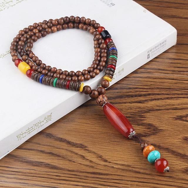 Red Stone Wooden Mala Bead Necklace Buddha Trends