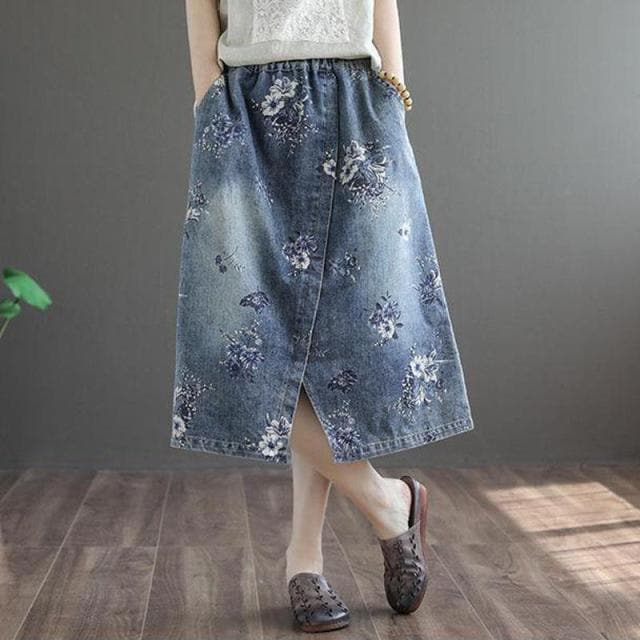 Floral Printed Denim Skirt dylinoshop