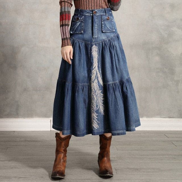 Feathers Embroidered Denim Midi Skirt dylinoshop