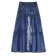 Feathers Embroidered Denim Midi Skirt dylinoshop