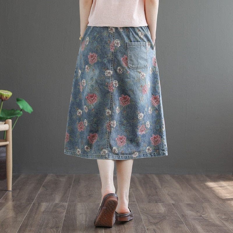 Floral Printed Denim Skirt dylinoshop