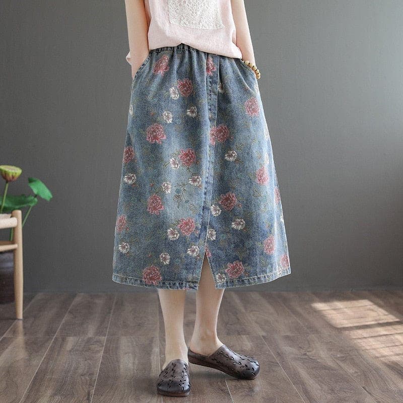 Floral Printed Denim Skirt dylinoshop