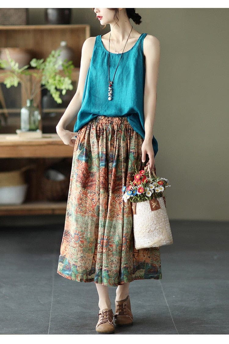 Floral Retro Linen Skirts dylinoshop