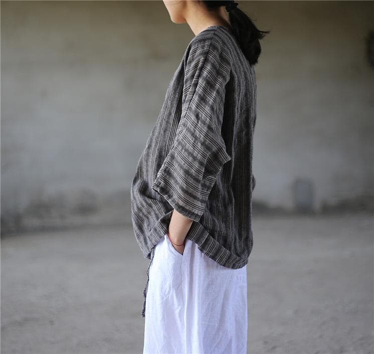 Striped V Neck Wrap Cotton Linen Shirt  | Zen Buddha Trends