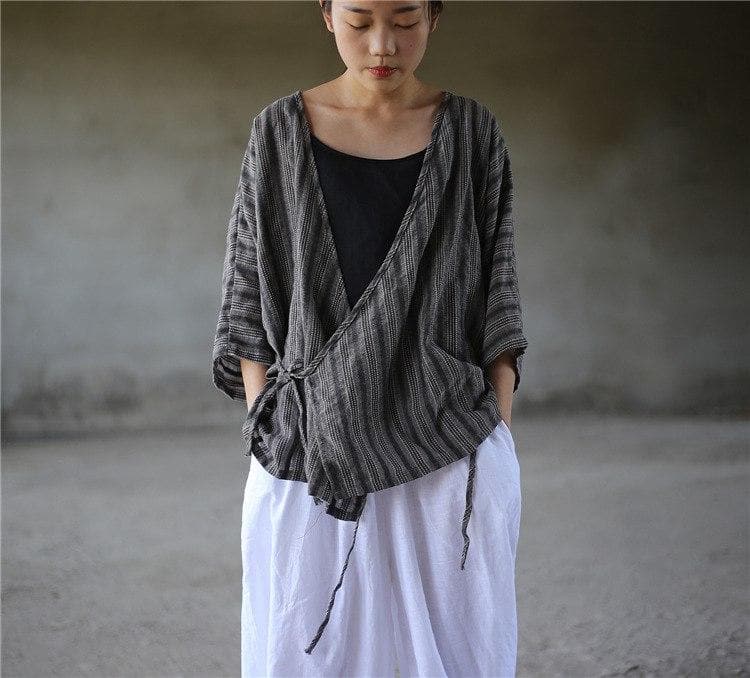 Striped V Neck Wrap Cotton Linen Shirt  | Zen Buddha Trends