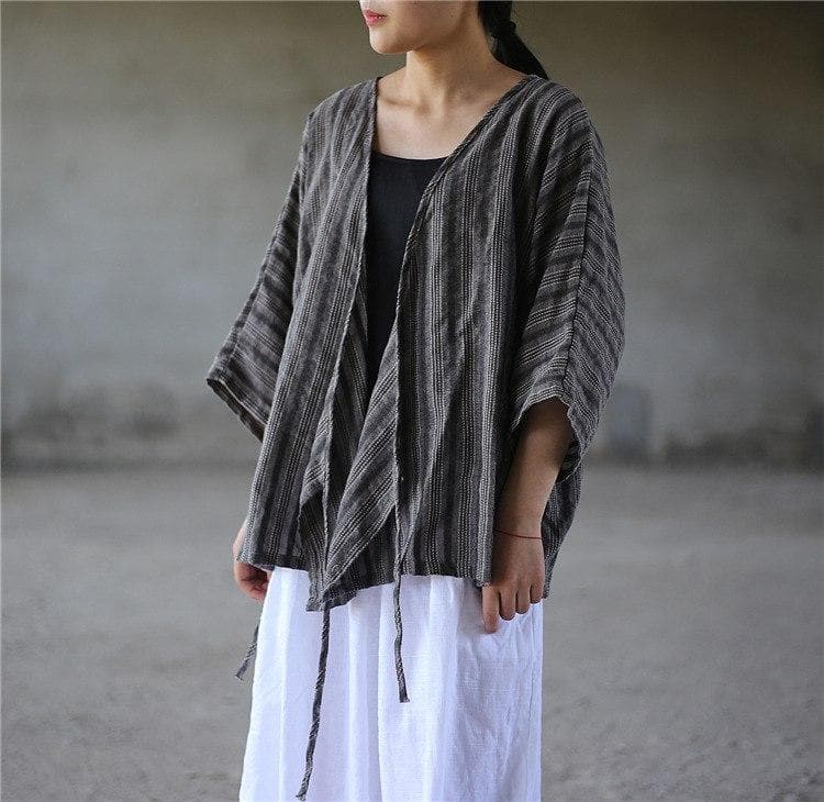 Striped V Neck Wrap Cotton Linen Shirt  | Zen Buddha Trends