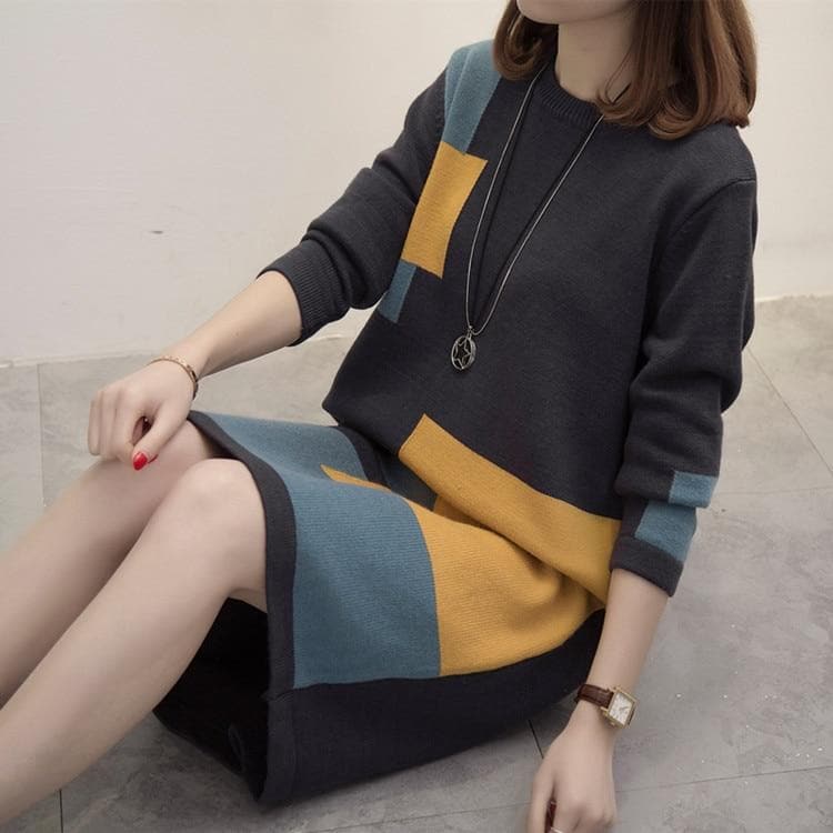 Geometric Plus Size Knitted Sweater Dress dylinoshop