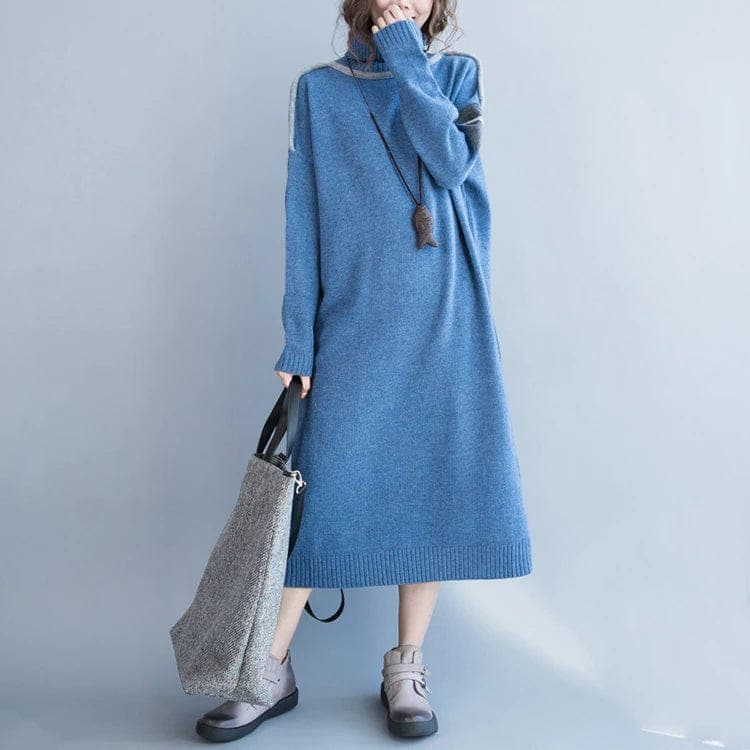 Oversized Blue Turtleneck Sweater Dress Buddha Trends