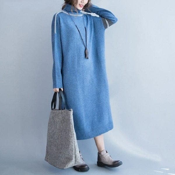 Oversized Blue Turtleneck Sweater Dress Buddha Trends