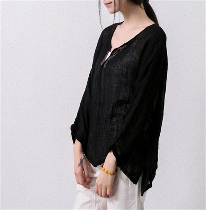 Asymmetrical V-Neck Linen Shirt dylinoshop