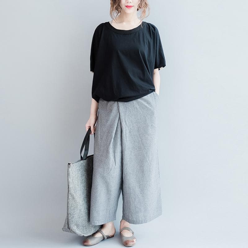 White and Grey Striped Wide Leg Pants Buddha Trends