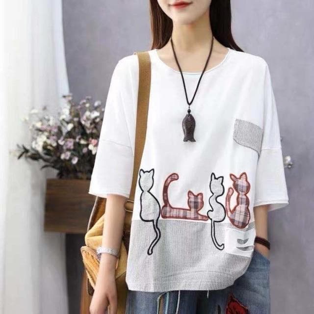 Cartoon Cat Loose Casual T-Shirts dylinoshop